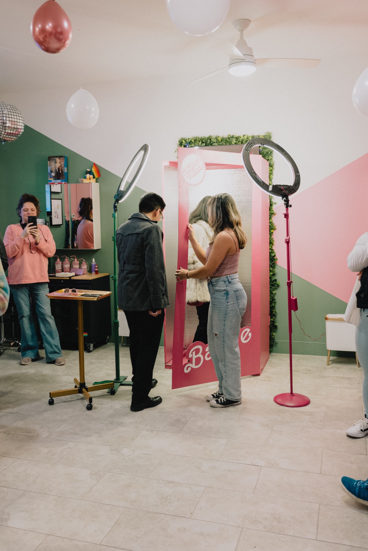 Guests arriving at the Barbie-themed photo booth at Callous Tattoo Studio
