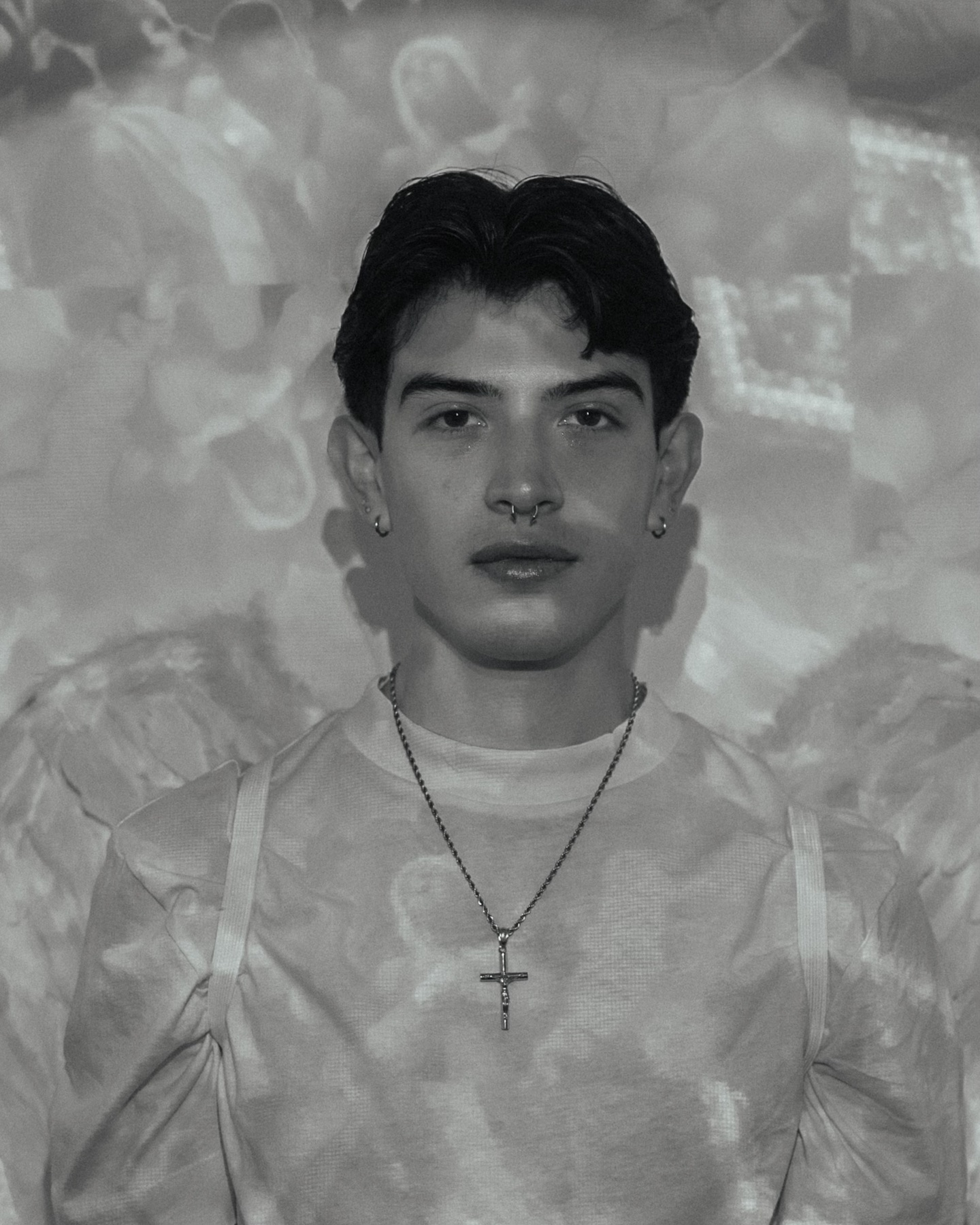 Black and white director portrait of Edgar Gator Agent with angel wings