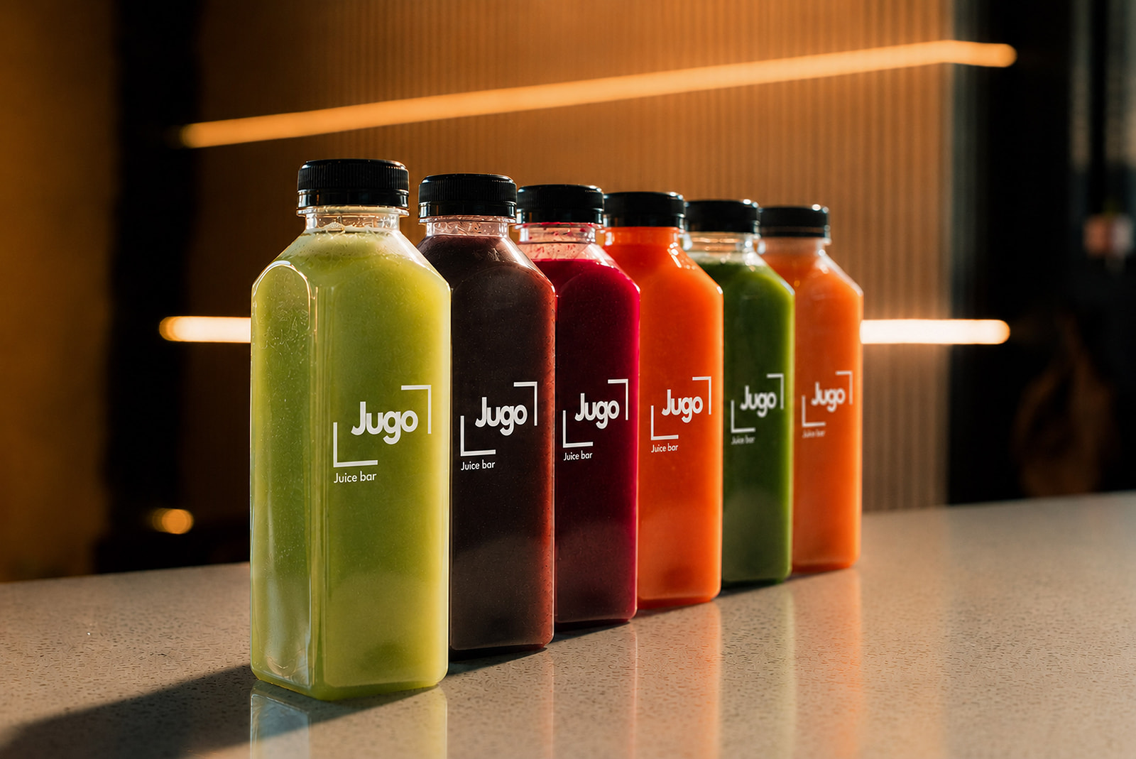A lineup of colorful Jugo juices